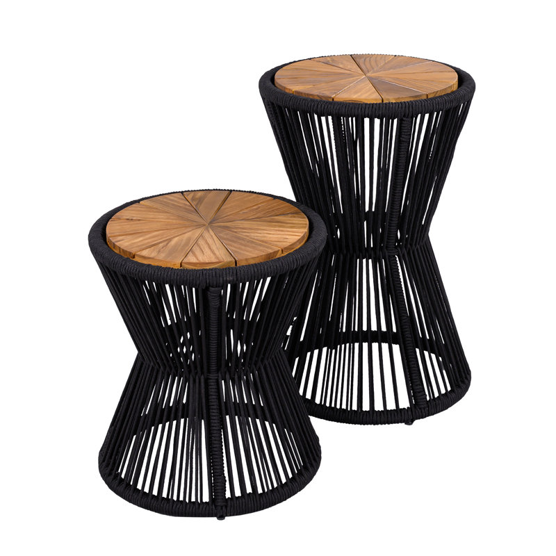 Nara Outdoor Side Table Acacia Wood & Woven Rope, Teak Top/Black Frame