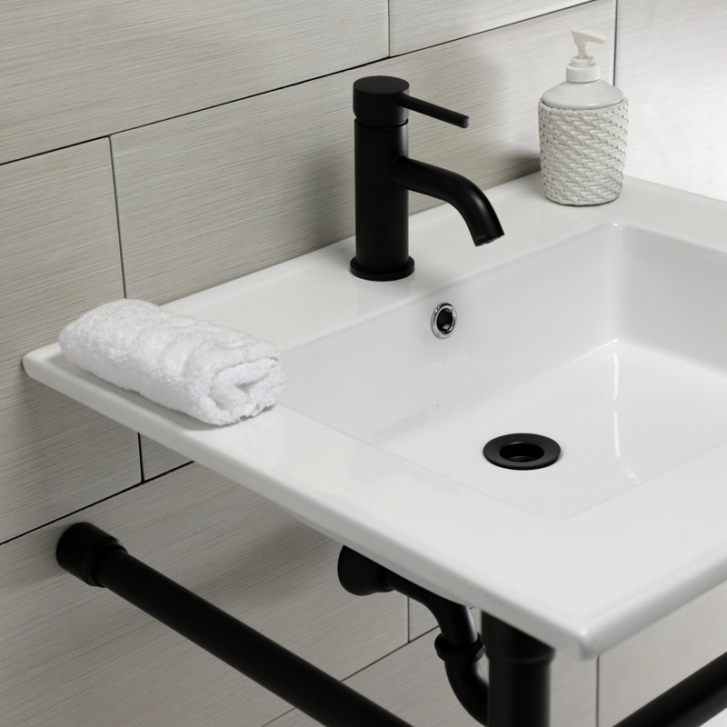 Lavabo de salle de bain console en céramique avec trop-plein, Noir mat, Simple