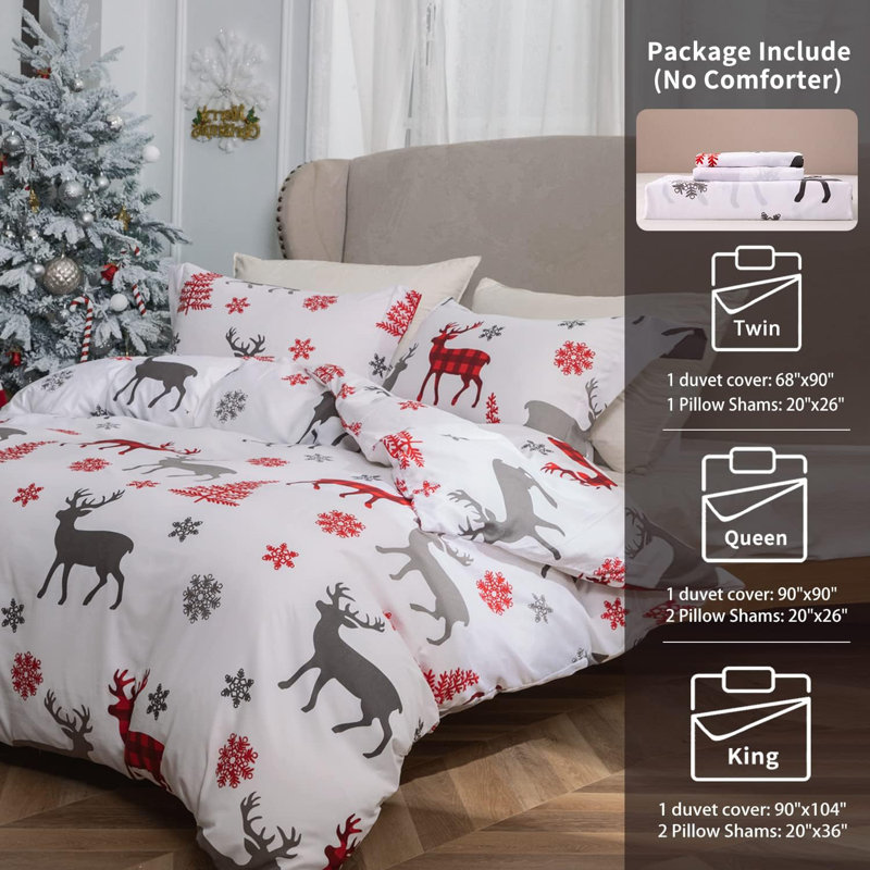 Ensemble de housse de couette de Noël imprimé flocon de neige renne, Housse de couette simple + 1 taie décorative stan