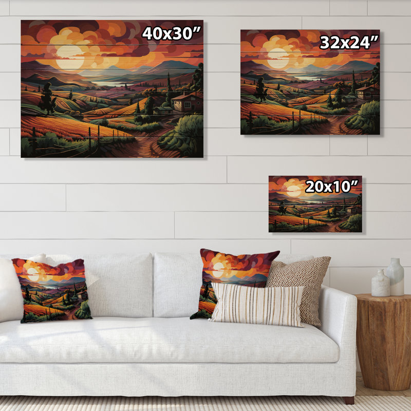 «Vineyard Sunset Rows of Ruby Landscape III», reproduction sur bois sans cadre, H 24 po x l 32 po x P 0,78 po
