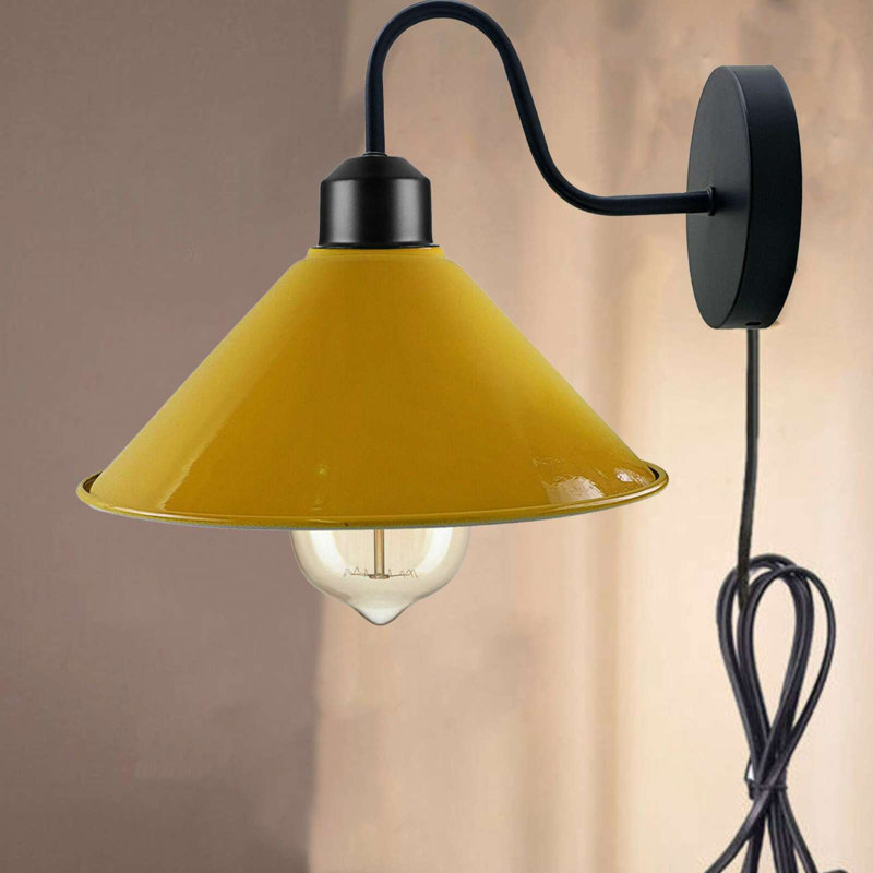Industrial Modern Anayaa Plug-In Wall Sconce – Metal Cone Shade with Cord Dimmer for Easy Mounting, Yellow