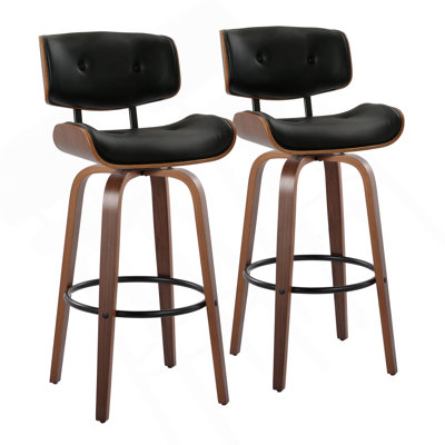 Lombardi 30" Mid-Century Modern Fixed-Height Barstool With Swivel In Walnut Wood And Black Faux Leather With Round Black Metal Footrest By Lumisource - Set Of 2