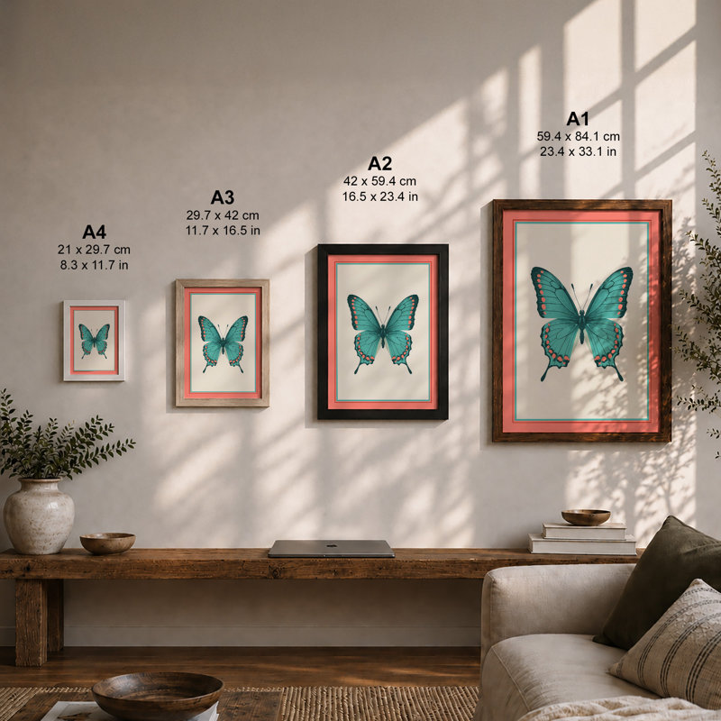 Symmetrical Butterfly Study Botanical - Framed Print, A1 - 84.1 x 59.4 cm, White