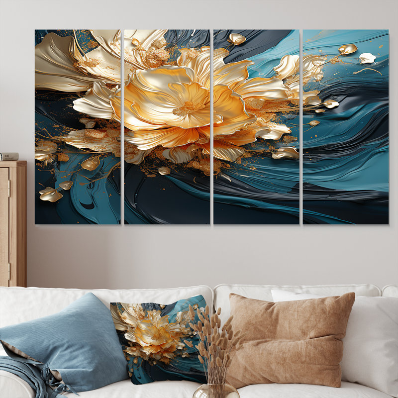 «Golden Abstract Flower On Teal Waves» - ensemble d'art mural floral moderne 4 pièces, H 28 po x l 48 po
