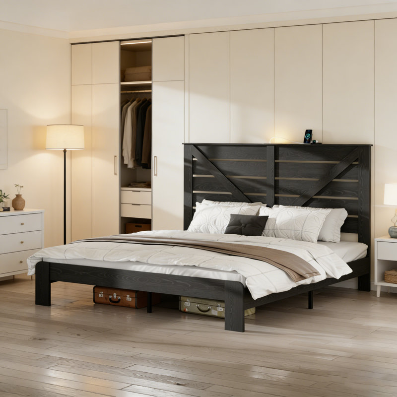 Structure de lit très grand Fusturdy avec conception silencieuse, grand rangement sous le lit et assemblage facile pour les chambres modernes
