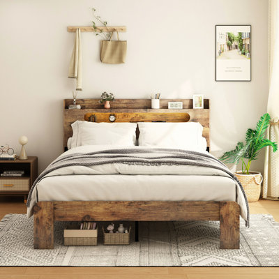 Cadre de lit, cadre de lit plateforme en bois avec tête de lit à DEL avec rangement et 2 ports USB, silencieux, aucun sommier nécessaire et outil d'assemblage facile, grand rangement sous le lit