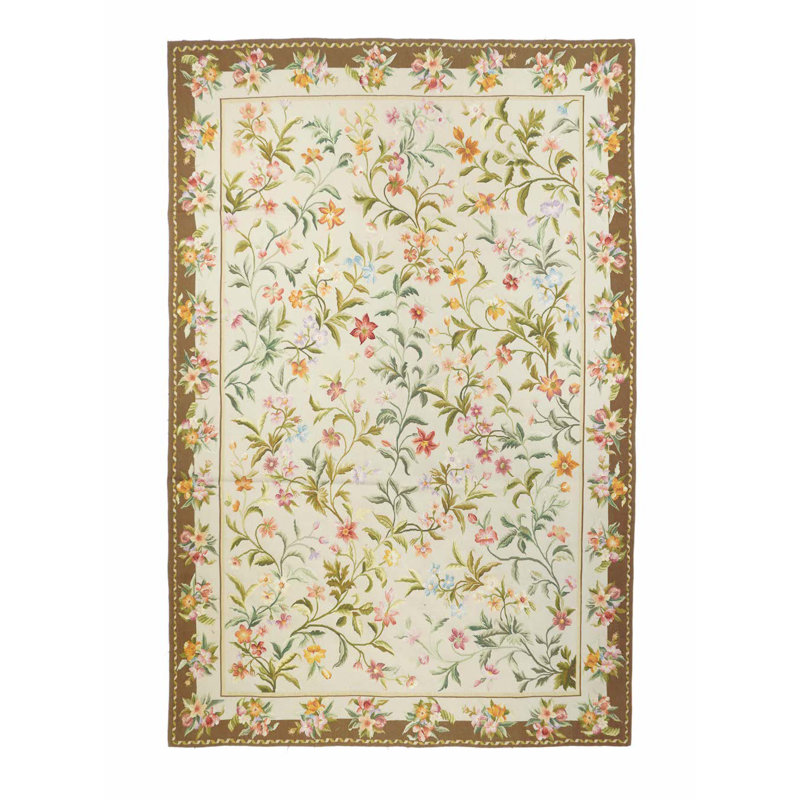 Wool Floral Area Rug in Beige