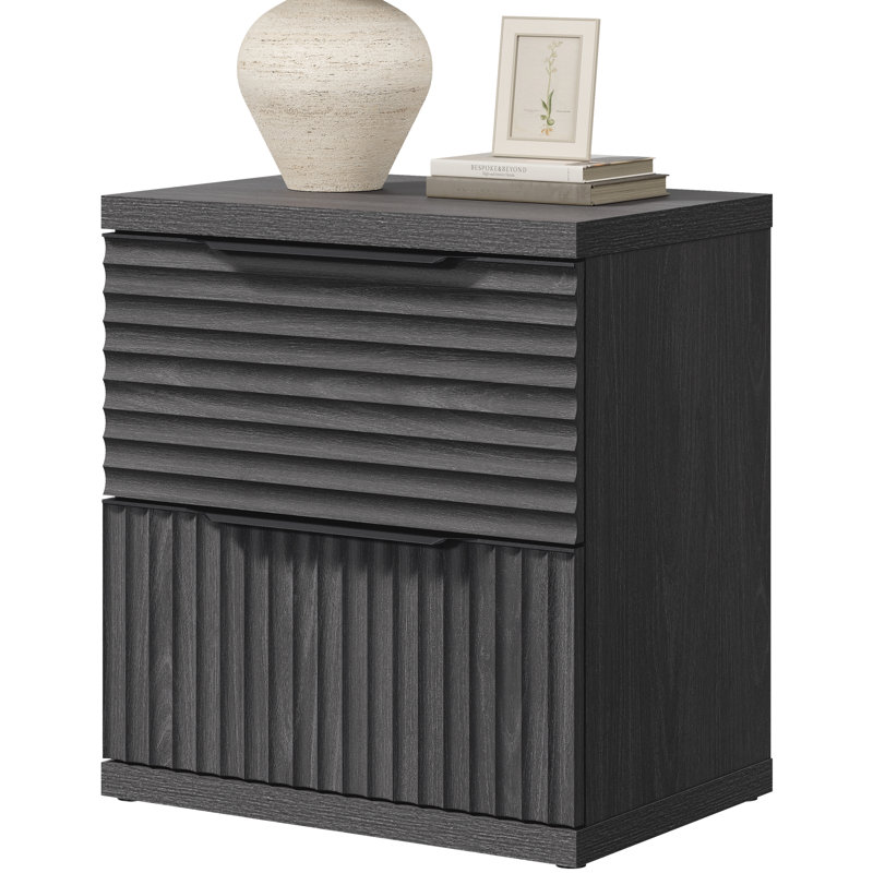 Modern Fluted 2-Drawer Nightstand, Dark Gray Alder