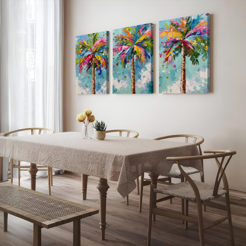 Colorful Palm Tree Canvas Wrapped Wall Art, Abstract Oil Painting Print (Set of 3), 18" H x 36" W