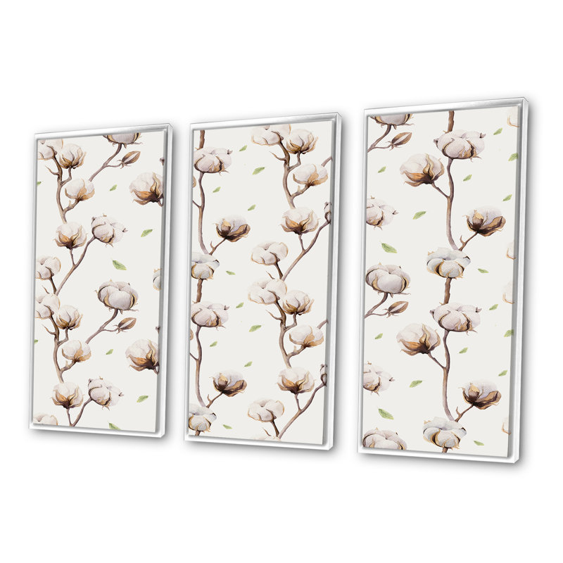 Brindilles de coton blanc rétro I - reproduction de cadre flottant 3 pièces sur toile, H 28 po x l 36 po x P 1 po