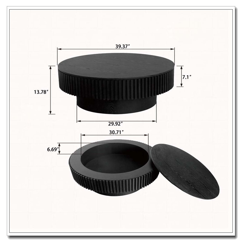 Table basse ronde en bois massif avec rangement 31,5 po, Noir, 13.78" H x 39.37" L x 39.37" W