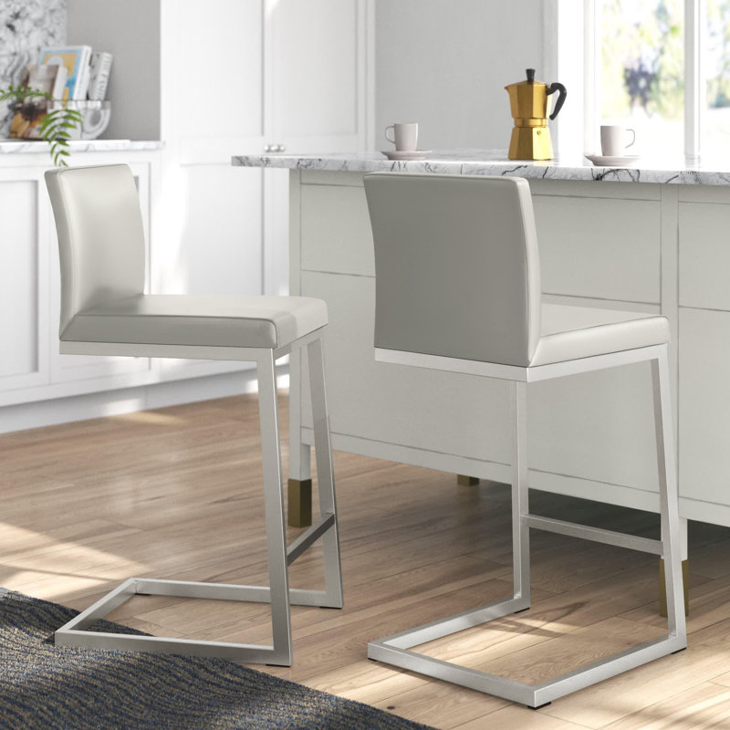 Hamby Upholstered Counter Stool with Metal Frame, White Faux Leather, Silver