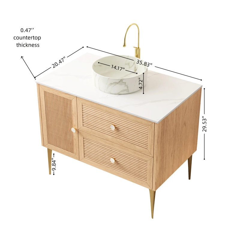 Meuble-lavabo de 36 po blanc et chêne, avec 4 pieds en métal, lavabo à motif de pierre, système de fermeture en contreplaqué moderne à haute résistance, finition chêne, grands tiroirs de rangement