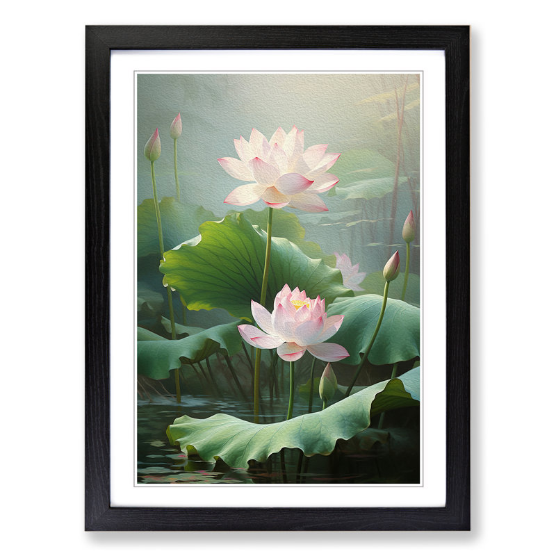 XYZ-FRM-V1223-4325 Lotus Flower Classicism No.2 - Single Picture Frame Print on Wood, Black, 46cm H x 34cm W x 2cm D