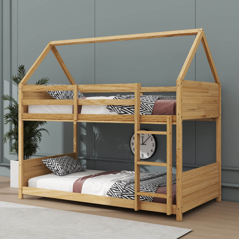 Twin Over Twin Cabin-Style Floor Bunk Bed Equipped With Head And Foot, White Oak