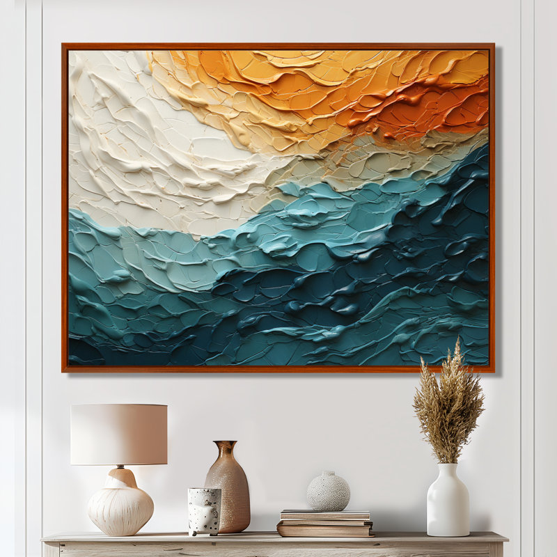 Collage bleu sarcelle orange océan Essence, H 12 po x l 20 po x P 1 po, Cadre flottant brun