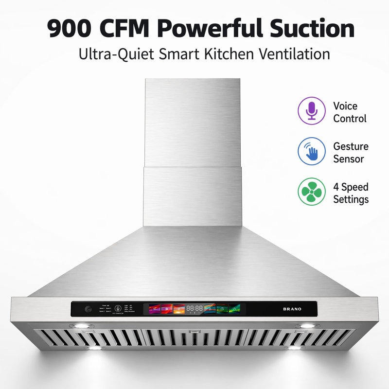 Hotte de cuisine BRANO 36 pouces sans conduit, murale, avec commandes vocales, gestuelles et tactiles, débit d'air de 900 pi³/min, en acier inoxydable.