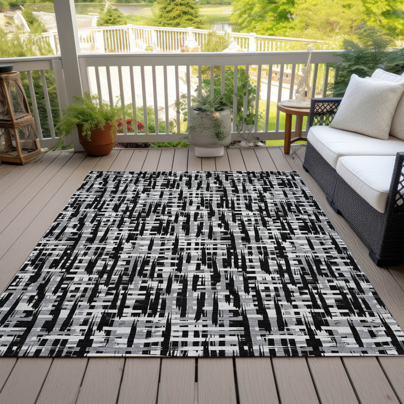 Black and Gray Synthetic Washable Rectangular Area Rug