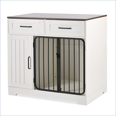 Meuble de rangement pour chien de 37,4 po, chenil d'intérieur avec 2 tiroirs et armoire de rangement, table de bout d'appoint moderne pour petits chiens de taille moyenne