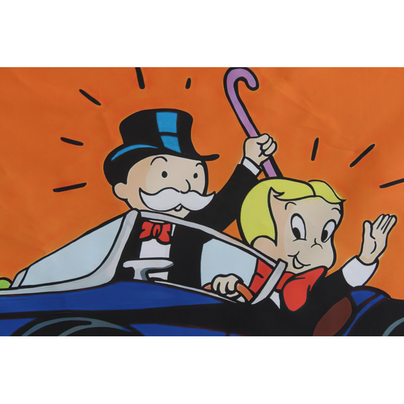 Nifao Collection Monopoly Man and Richie Rich Driving in Paris Unframed Canvas Painting 52 x 74