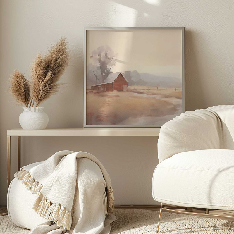 «Barn And Misty Fields», H 13,75 po x l 13,75 po, Blanc opaque