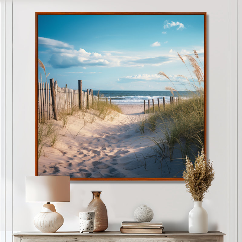 Chemin vers la plage IV - Art mural nautique et plage, salon, H 16 po x l 16 po x P 1 po, Cadre flottant brun