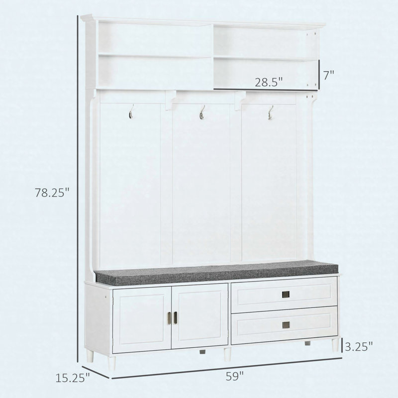 Arbre d'entrée avec banc de rangement, portemanteau, tablettes, armoire et tiroirs pour le vestibule, blanc