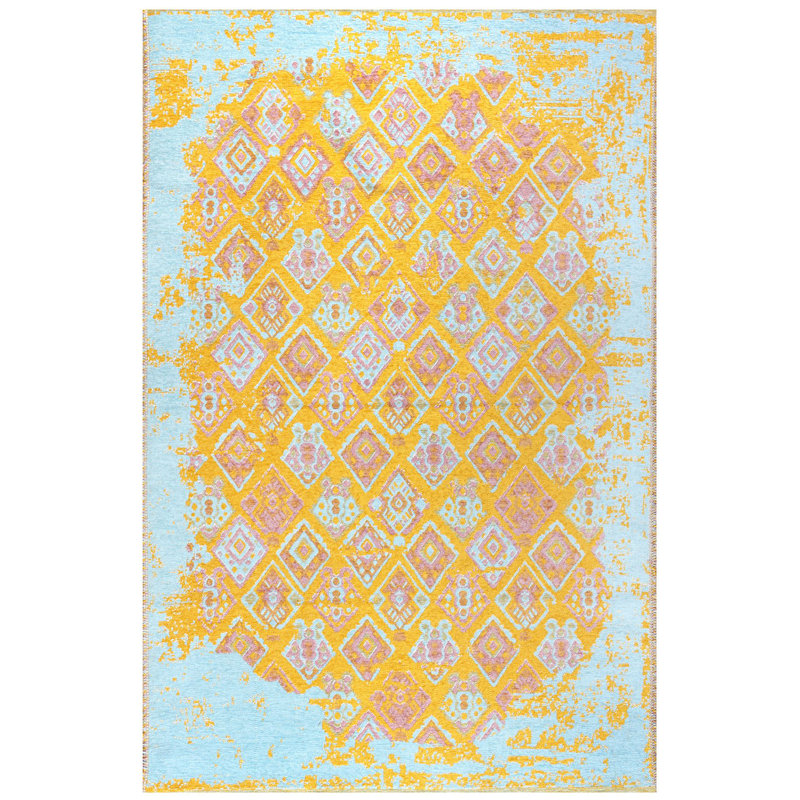 Tapis réversible en coton tissé lavable rose orange sarcelle Alfa Rich, Rectangle 6 pi 5 po x 9 pi 5 po