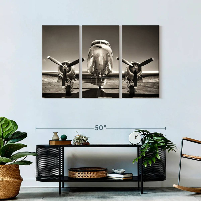 Avion noir et blanc rétro - impression sur toile tendue 3 pièces, H 28 po x l 45 po x P 1,25 po