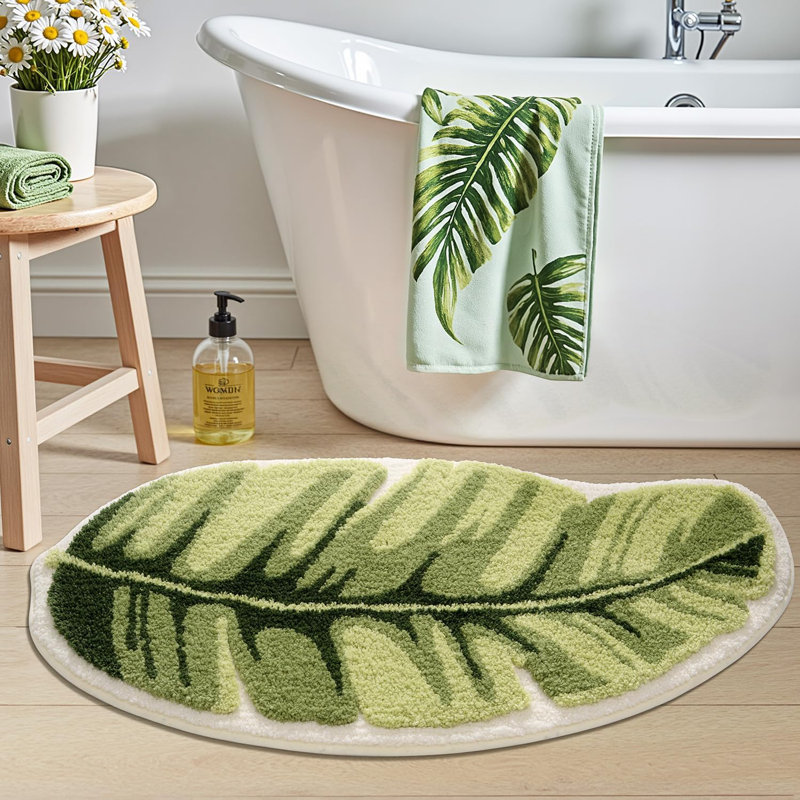 Jolis tapis de salle de bain à feuilles vertes, doux, moelleux, moelleux, absorbant, à séchage rapide, antidérapant, lavable à la machine pour le plancher de la douche, la salle de bain, la chambre à coucher, la chambre d'enfant