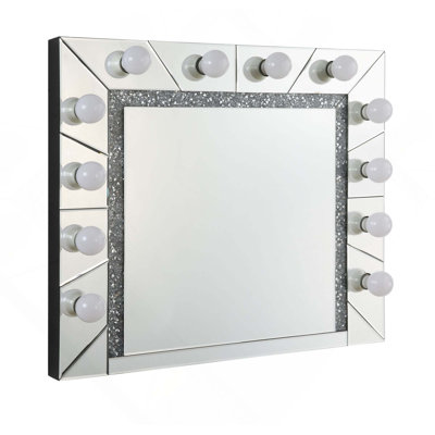 Hollywood Mirror With Faux Diamond Inlay And Clear Glass Trim, MDF Acrylic Glass Material, E27 Bulb Type Not Included