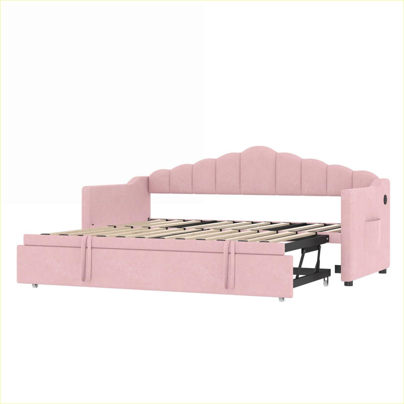 Lit plateforme simple en velours rose doux avec couchette escamotable plateforme et couchette