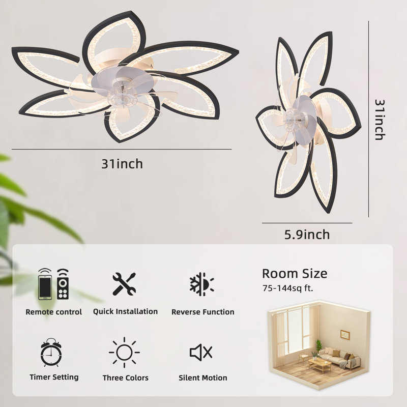Jamonie 30" 7 - Blade Modern Indoor Dimmable LED Ceiling Fan with Light, Can Remote or APP, Black