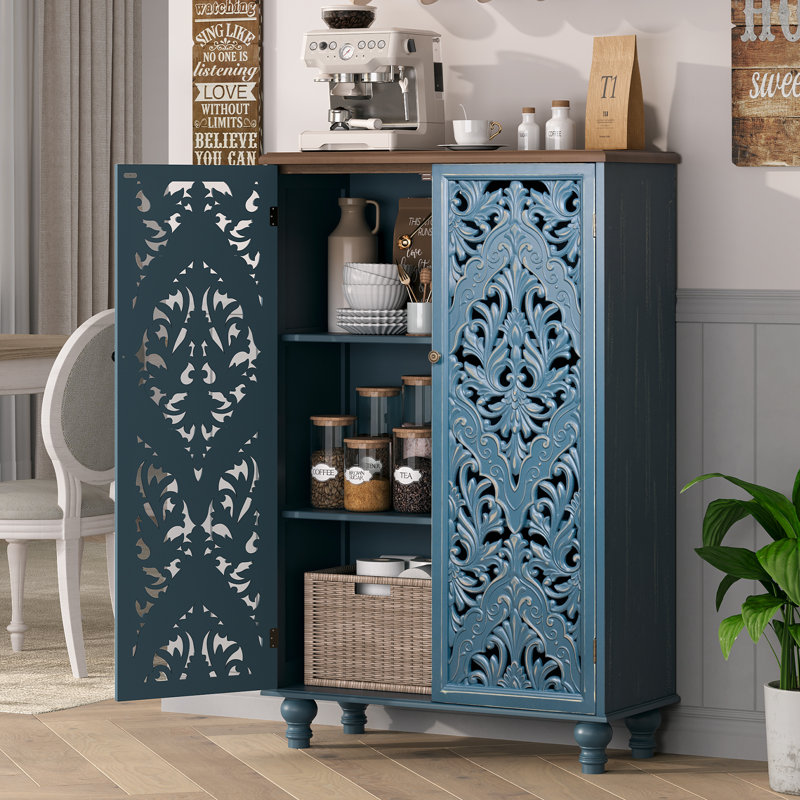 Tall Storage Cabinet,Accent Chest,Accent Cabinet with Doors,Sideboard Buffet with Shelves, Blue/Walnut