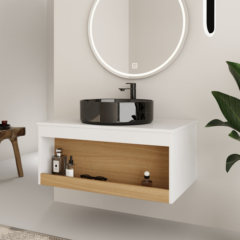 Ensemble de meuble-lavabo mural simple 30 po avec lavabo rond en céramique, Black with white patterns