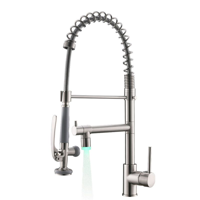 Robinet d'évier de cuisine avec douchette extractible - Nickel brossé, entièrement en laiton, rotatif à 360 degrés, eau chaude et froide disponible en nickel à poignée simple, fabrication en laiton