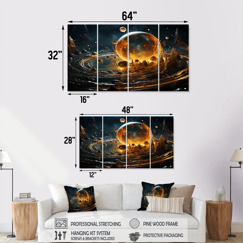 Art mural 4 pièces jaune et noir avec ceinture d'astéroides, H 28 po x l 48 po