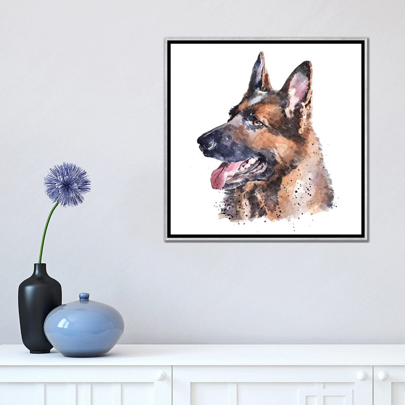 « German Shepherd I » par Edwatercolours-impression, H 18 po x l 18 po x 1,5 po, Toile avec cadre argenté, Pas de tapis