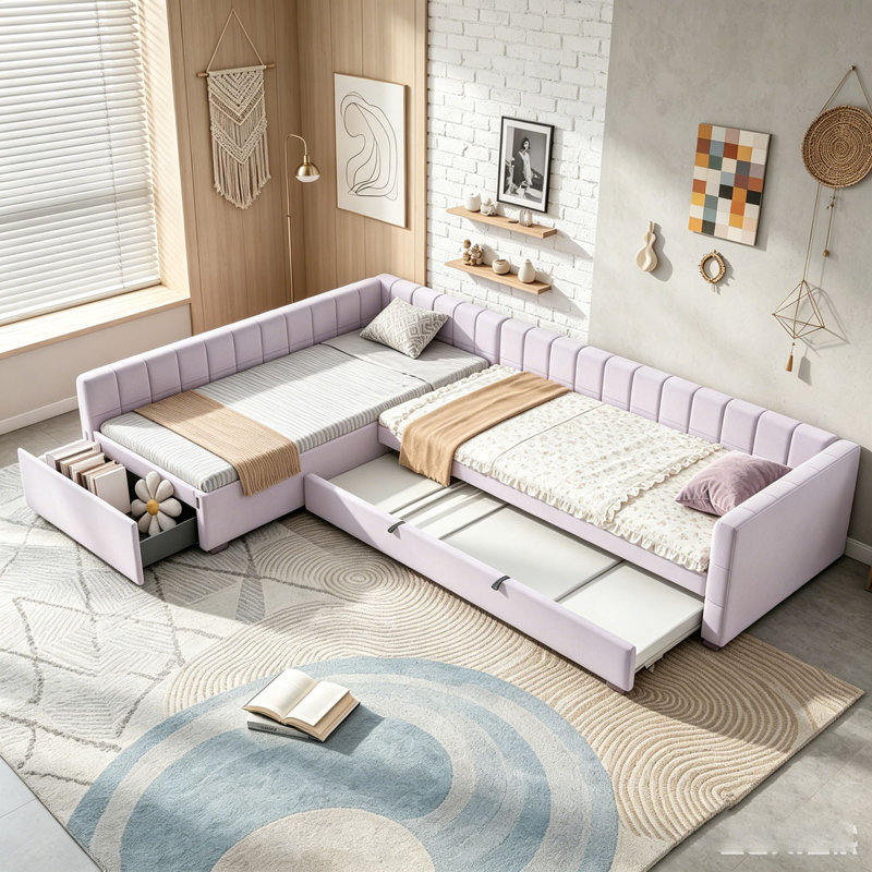 L-shape Upholstered Double Twin Size Daybed with Trundle and Drawer, Pink