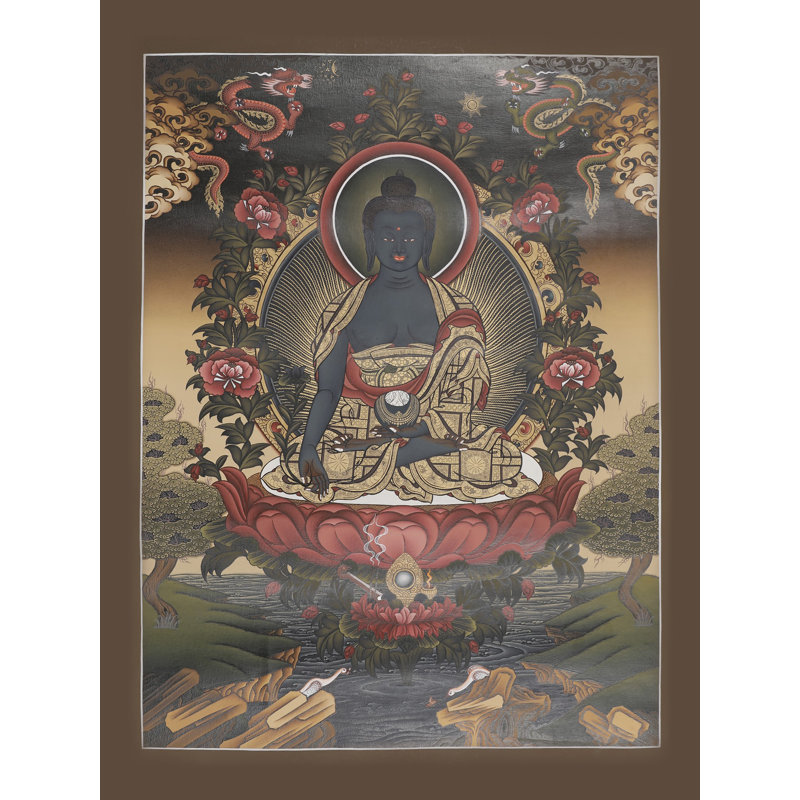 Bouddha de la médecine, art mural bouddhiste tibétain peint à la main Thangka, sans brocart, or 24 carats et acrylique, 24 po