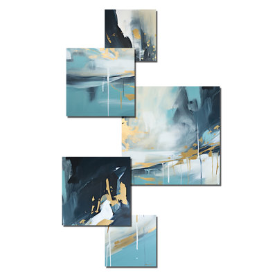 Gold And Blue Abstract Expression 2 - Abstract Square Wall Art Set Of 5