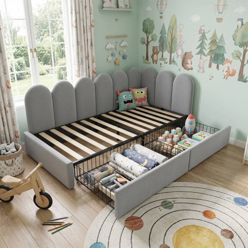 Upholstered Daybed with 2 Drawer, Grey