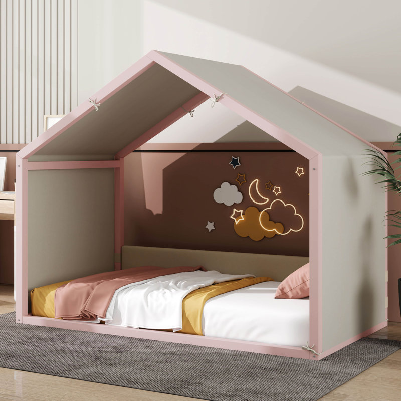 Lit à baldaquin avec panneaux latéraux rembourrés en velours, baldaquin en lin respirant, lit plateforme rembourré doux pour la chambre à coucher, chambre d'amis