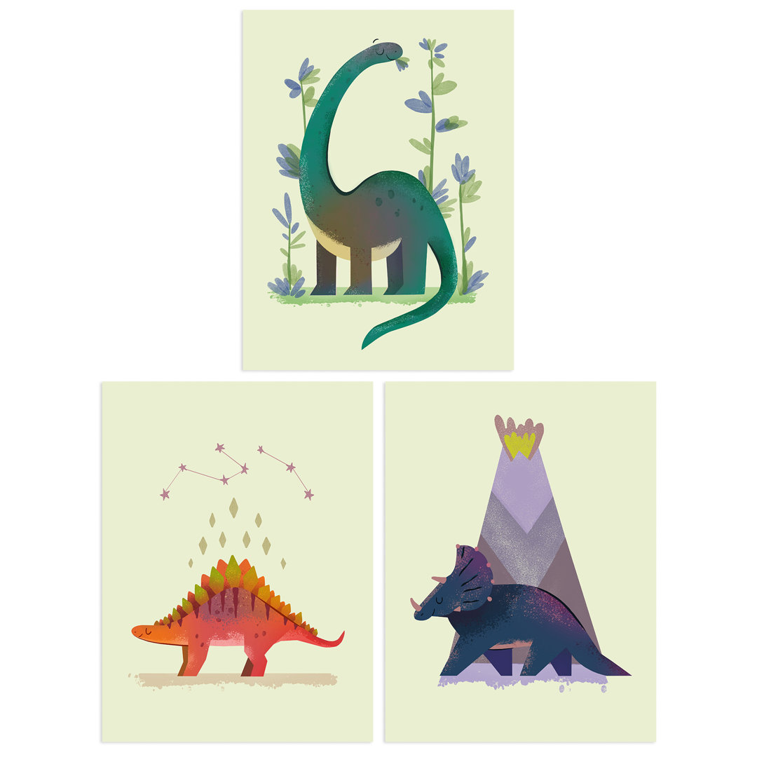 Kids Bedroom Cute Dinosaurs Stegosaurus Apatosaurus Triceratops - 3 Piece No Frame Print Set