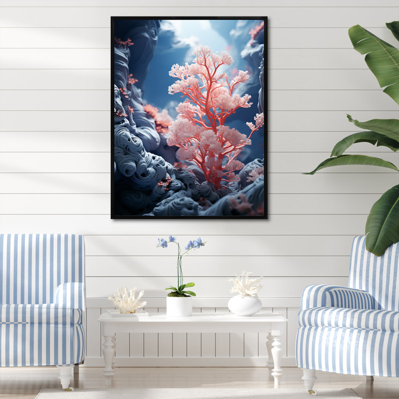 Rose corail et anémones dansant III, Cadre flottant noir, H 44 po x l 34 po x P 1,5 po
