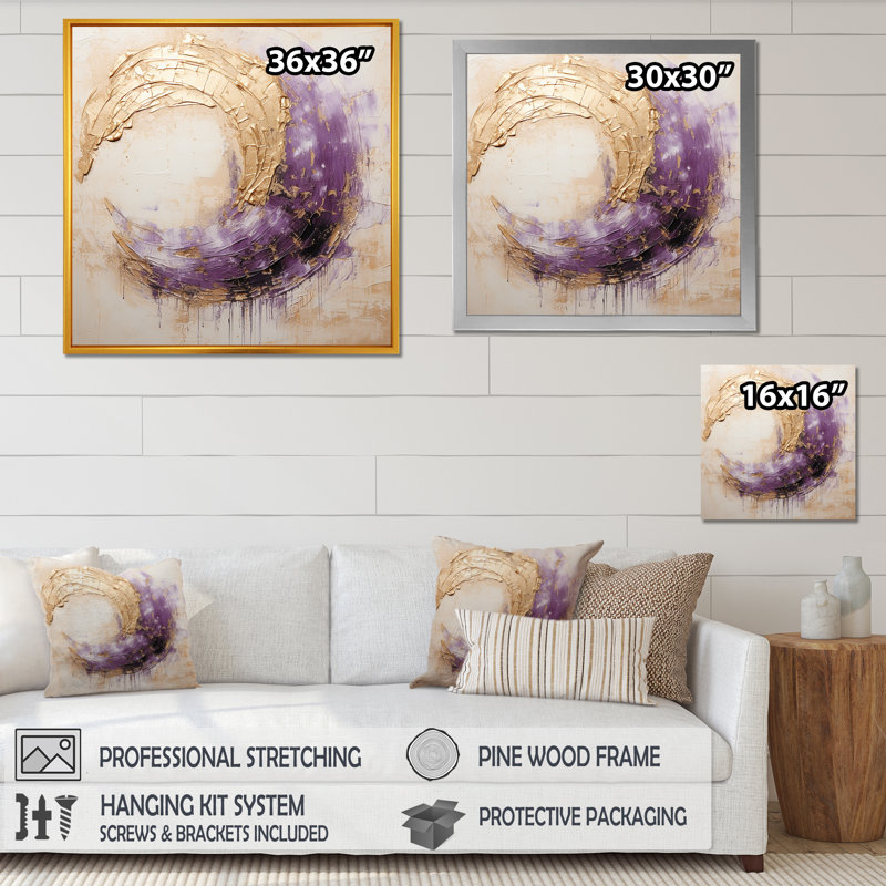Or et spirale lunaire mauve - peinture abstraite, art mural, H 16 po x l 16 po x P 1 po, Cadre flottant doré