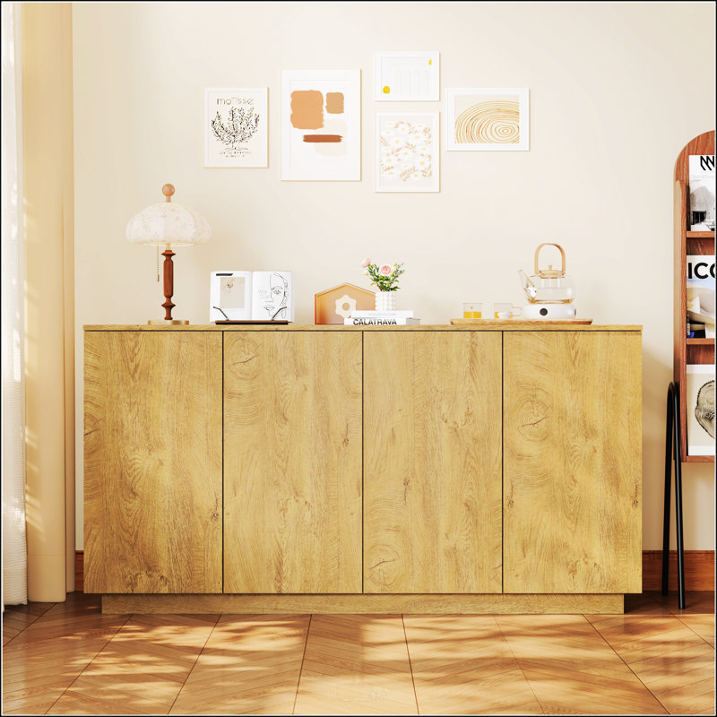 Buffet en bois avec crédence de rangement naturelle à 4 portes avec tablettes réglables pour les espaces de repas et de vie