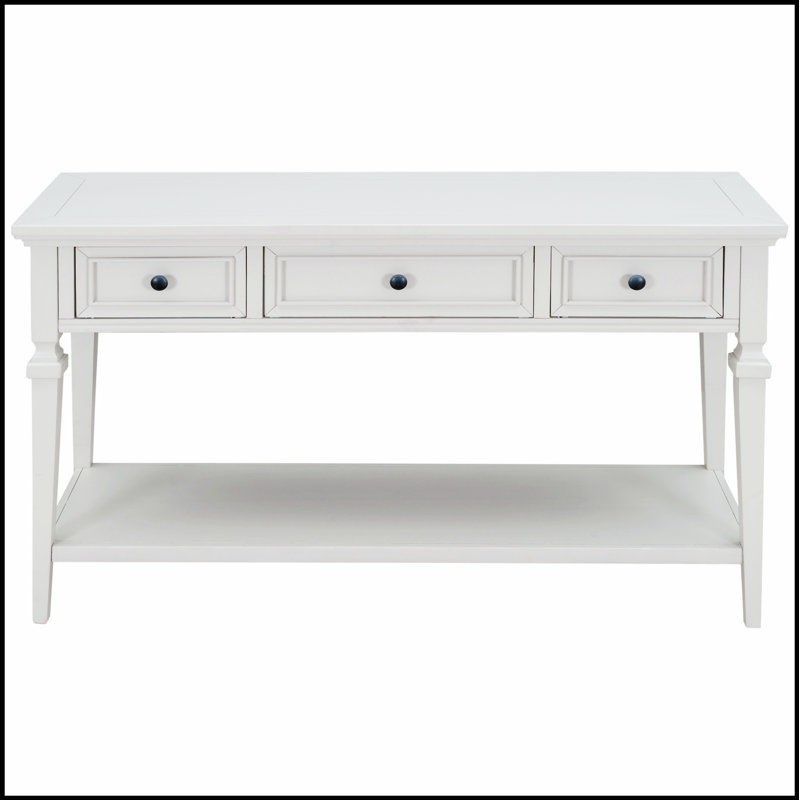 Console classique de style rétro classique avec trois tiroirs supérieurs et une tablette inférieure ouverte, facile à assembler, blanc antique