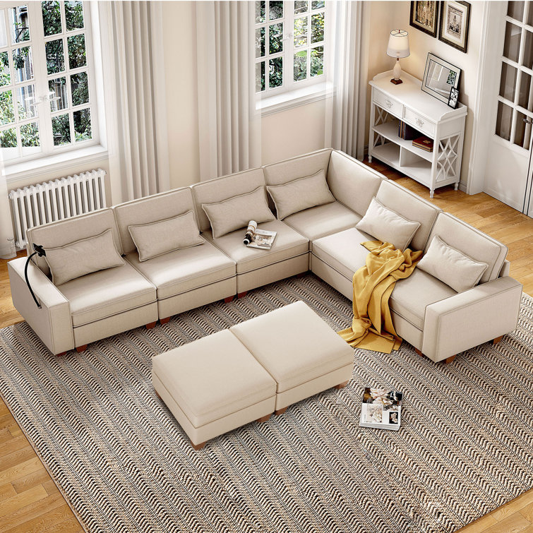 Shaped 6 Seats Modular Sectional Sofa with Storage Seats, Phone Holder and Console Table