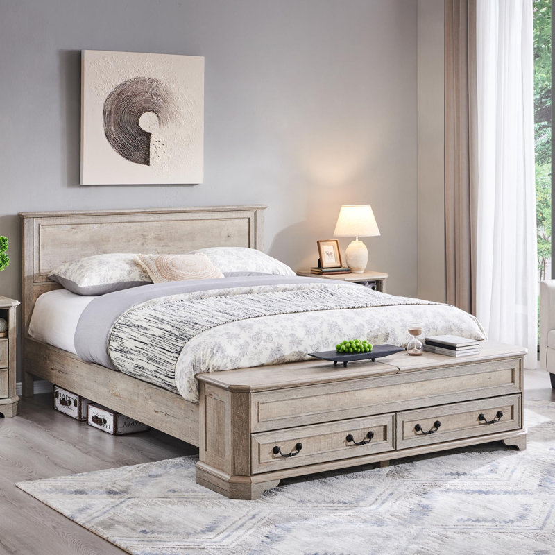 Grand lit avec tête de lit géométrique 3D et banc de rangement - rangement à 4 tiroirs, mobilier de chambre moderne, chêne.
